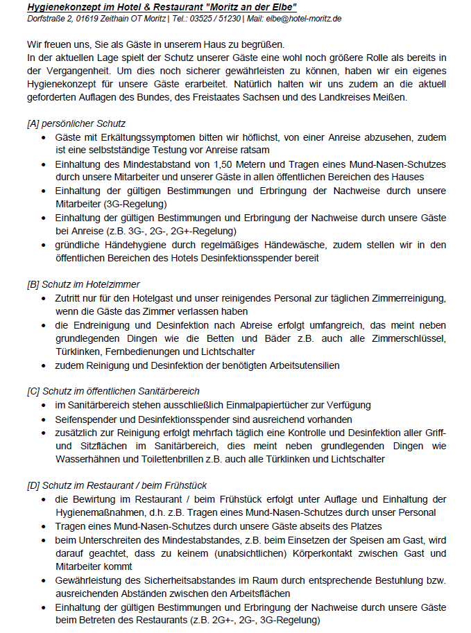 Hygienekonzept Hotelgast Hotel Moritz an der Elbe